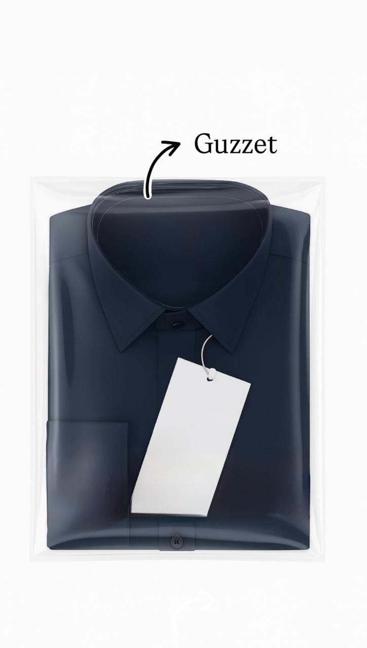 Navy shirt in a guzzet with a white tag on a white background