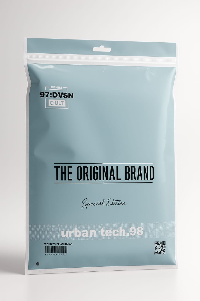 blue zipper packaging bag with urban tech98 and the original brand print – special edition design by paras packing

