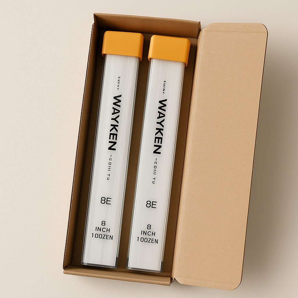 open box showing two wayken 8 inch garment cutting blades with orange caps packed by paras verified dealer

