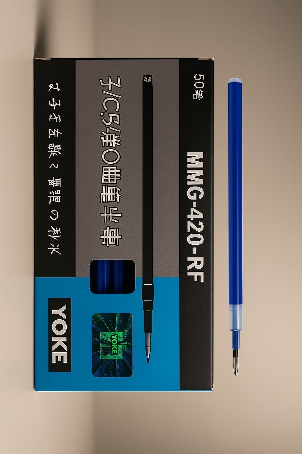 yoke mmg-420 rf blue ink refill for fabric marker pen with branded box and visible tip

