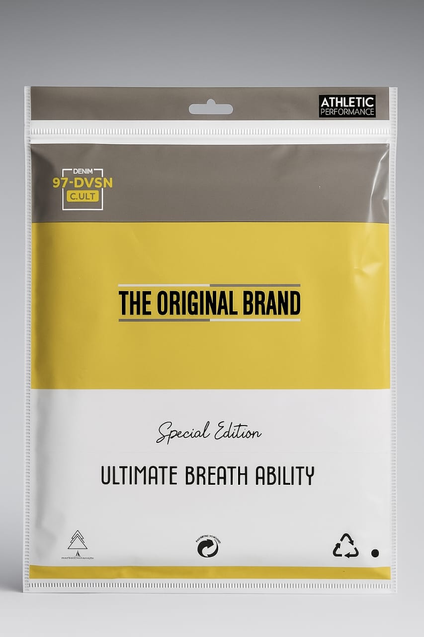 yellow and white zipper bag with original brand design
